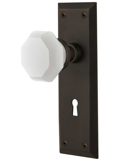 New York Mortise Lock Set with Milk White Waldorf Crystal Glass Knobs in Oil-Rubbed Bronze.